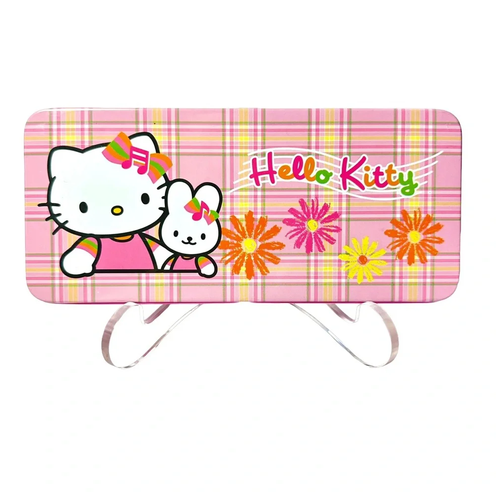 Vintage Sanrio Metal Pencil Box Plaid Daisy Pink Yellow Music Hello Kitty 2002